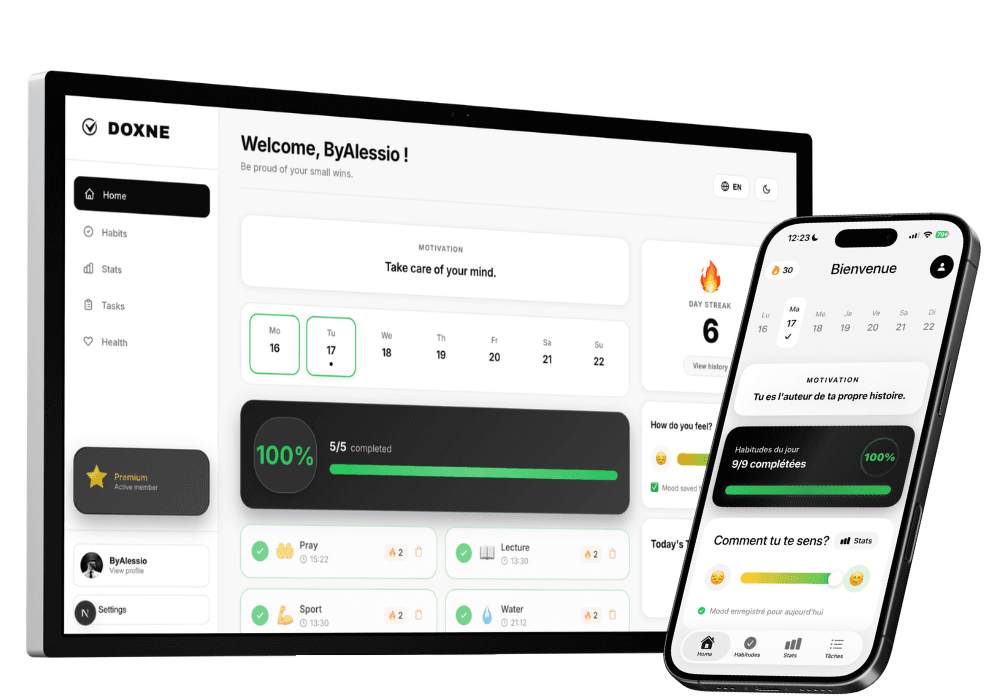 Doxne habit tracker and to-do list app — iOS and Web dashboard